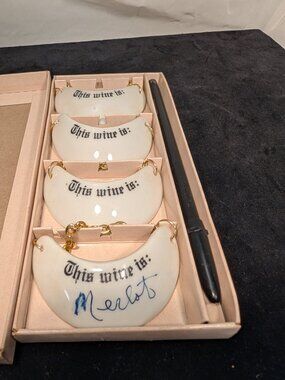 1 SET 4 VINTAGE PORCELAIN WINE BOTTLE TAG MARKERS    MADE BY SHAFFORD